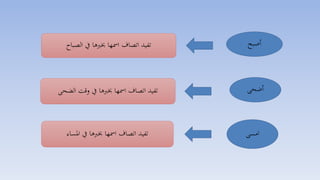 ‫أصبح‬
‫أيحى‬
‫أ‬‫مسى‬
‫الصباح‬ ‫يف‬ ‫خبربها‬ ‫امسها‬ ‫اتصاف‬ ‫تفيد‬
‫خبربها‬ ‫امسها‬ ‫اتصاف‬ ‫تفيد‬‫الضحى‬ ‫وقت‬ ‫يف‬
‫املساء‬ ‫يف‬ ‫خبربها‬ ‫امسها‬ ‫اتصاف‬ ‫تفيد‬
 