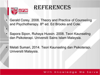 REFERENCES
• Gerald Corey. 2008. Theory and Practice of Counseling
and Psychotherapy. 8th ed. Ed Brooks and Cole.
•
• Sapora Sipon, Ruhaya Hussin. 2008. Teori Kaunseling
dan Psikoterapi. Universiti Sains Islam Malaysia.
• Melati Sumari, 2014. Teori Kaunseling dan Psikoterapi.
Universiti Malaysia.
 