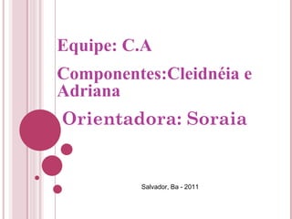 Equipe: C.A Componentes:Cleidnéia e Adriana Orientadora: Soraia Salvador, Ba - 2011 