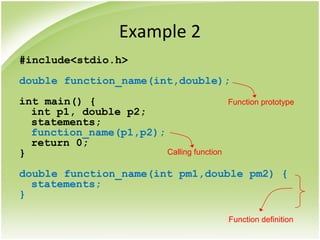 Example 2
#include<stdio.h>
double function_name(int,double);
int main() {
int p1, double p2;
statements;
function_name(p1,p2);
return 0;
}
double function_name(int pm1,double pm2) {
statements;
}
Function prototype
Function definition
Calling function
 
