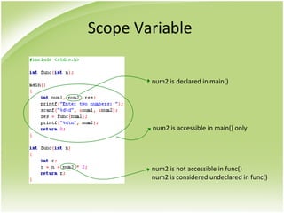 Scope Variable
num2 is not accessible in func()
num2 is considered undeclared in func()
num2 is accessible in main() only
num2 is declared in main()
 