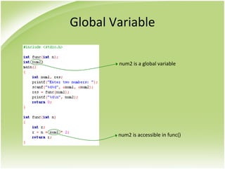 Global Variable
num2 is a global variable
num2 is accessible in func()
 