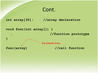 Cont.
int array[30]; //array declaration
void func(int array[]) {
… //function prototype
}
func(array) //call function
the passed array
 
