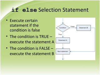 if else Selection Statement
• Execute certain
statement if the
condition is false
• The condition is TRUE –
execute the statement A
• The condition is FALSE –
execute the statement B
 