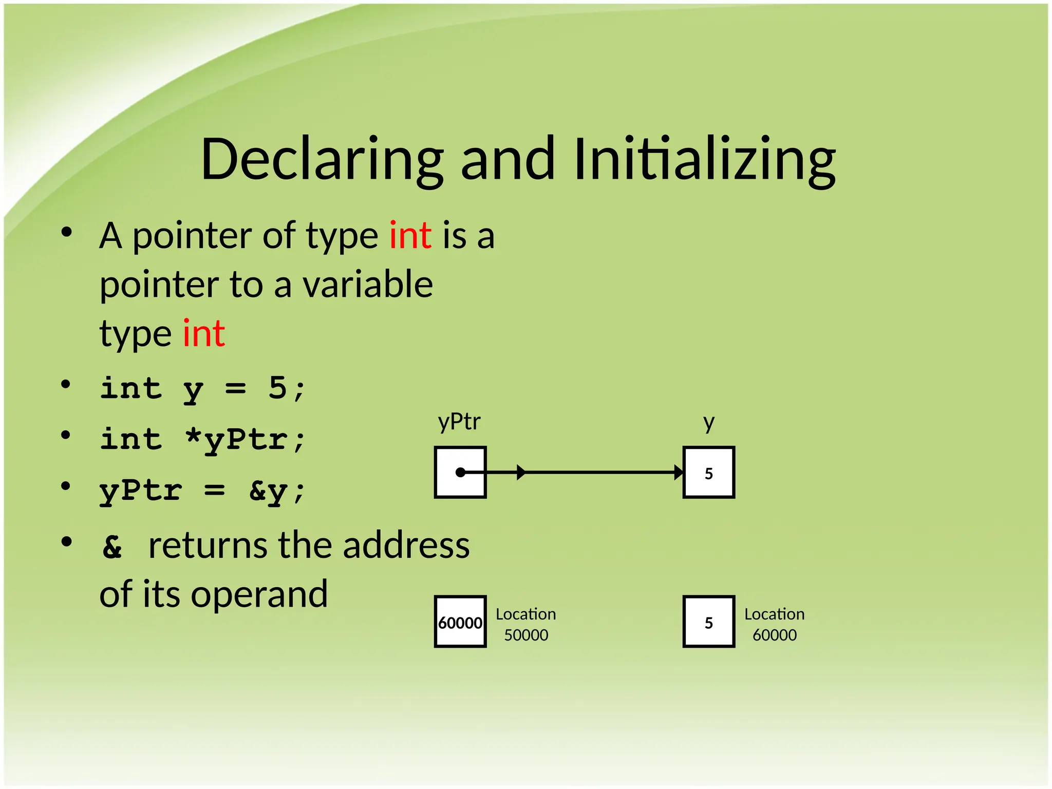 Declaring and Initializing
• A pointer of type int is a
pointer to a variable
type int
• int y = 5;
• int *yPtr;
• yPtr = &y;
• & returns the address
of its operand
5
y
yPtr
5
Location
60000
60000
Location
50000
 