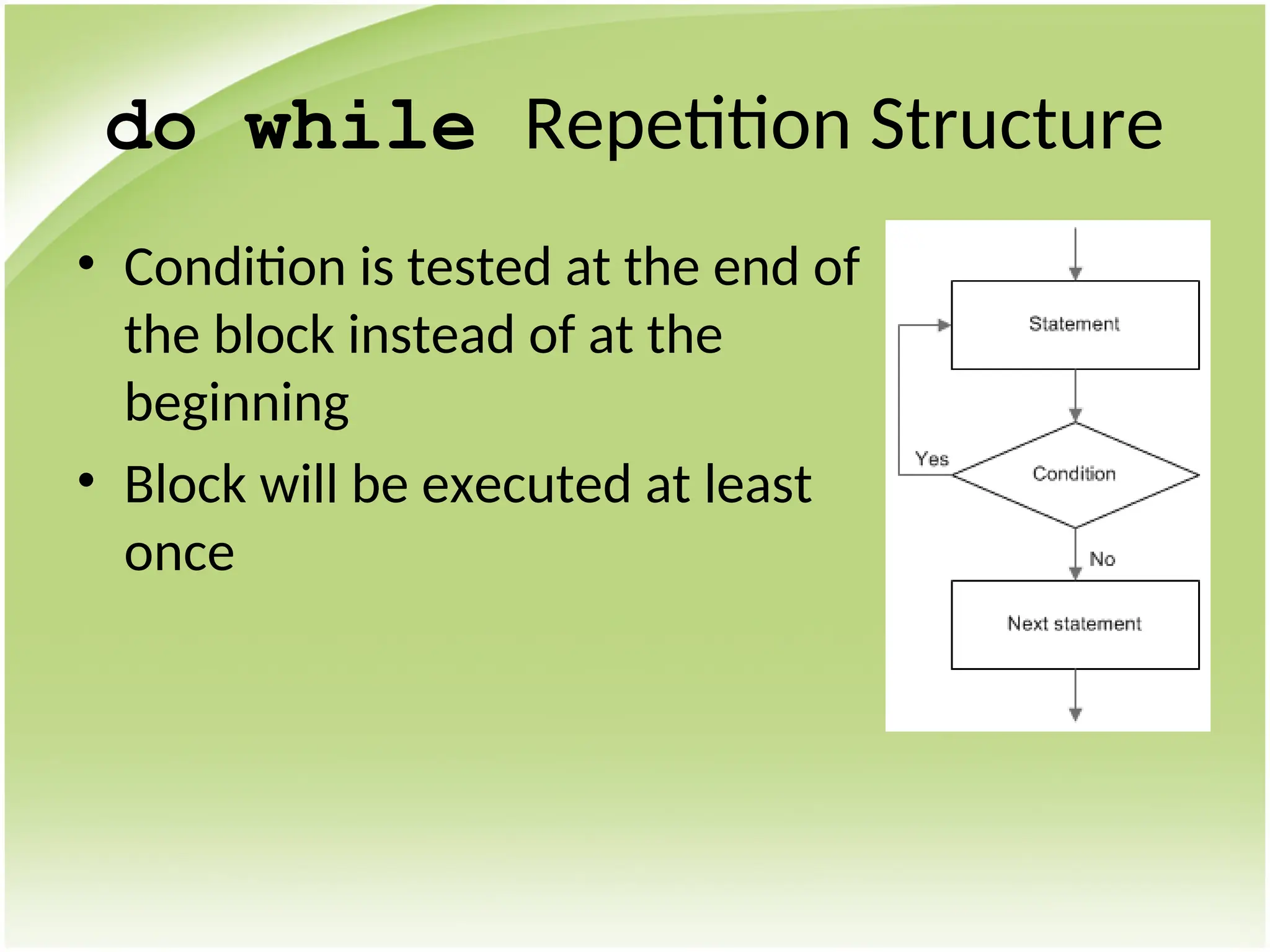 do while Repetition Structure
• Condition is tested at the end of
the block instead of at the
beginning
• Block will be executed at least
once
 