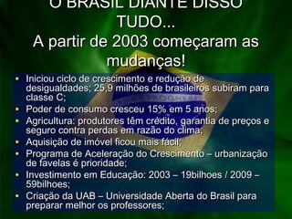 O BRASIL DIANTE DISSOO BRASIL DIANTE DISSO
TUDO...TUDO...
A partir de 2003 começaram asA partir de 2003 começaram as
mudanças!mudanças!
• Iniciou ciclo de crescimento e redução deIniciou ciclo de crescimento e redução de
desigualdades; 25,9 milhões de brasileiros subiram paradesigualdades; 25,9 milhões de brasileiros subiram para
classe C;classe C;
• Poder de consumo cresceu 15% em 5 anos;Poder de consumo cresceu 15% em 5 anos;
• Agricultura: produtores têm crédito, garantia de preços eAgricultura: produtores têm crédito, garantia de preços e
seguro contra perdas em razão do clima;seguro contra perdas em razão do clima;
• Aquisição de imóvel ficou mais fácil;Aquisição de imóvel ficou mais fácil;
• Programa de Aceleração do Crescimento – urbanizaçãoPrograma de Aceleração do Crescimento – urbanização
de favelas é prioridade;de favelas é prioridade;
• Investimento em Educação: 2003 – 19bilhoes / 2009 –Investimento em Educação: 2003 – 19bilhoes / 2009 –
59bilhoes;59bilhoes;
• Criação da UAB – Universidade Aberta do Brasil paraCriação da UAB – Universidade Aberta do Brasil para
preparar melhor os professores;preparar melhor os professores;
 