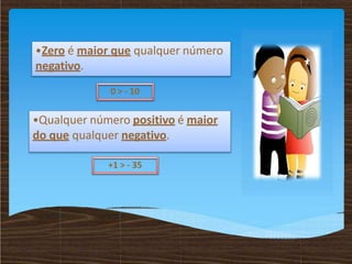 •Zero é maior que qualquer número
negativo.
0 > - 10
•Qualquer número positivo é maior
do que qualquer negativo.
+1 > - 35
 