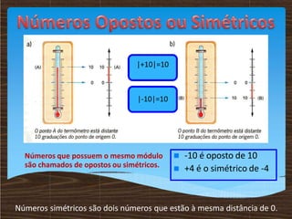  -10 é oposto de 10
 +4 é o simétrico de -4
Números que possuem o mesmo módulo
são chamados de opostos ou simétricos.
Números simétricos são dois números que estão à mesma distância de 0.
|+10|=10
|-10|=10
 
