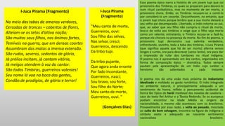 Esse poema épico narra a história de um jovem tupi que cai
prisioneiro dos Timbiras, os quais se preparam para devorá-lo
num ritual canibalístico, mas no momento de ser morto, o
prisioneiro chora. Então, os Timbiras recusam-se a comê-lo
por considerá-lo um covarde. Desconhecem, no entanto, que
o jovem tupi chora porque lembra que a sua morte deixará o
seu velho pai desamparado. Libertado, o índio retorna ao pai,
que, ao saber que seu filho não cumpriu o ritual da morte,
leva-o de volta aos timbiras e exige que o filho seja morto
como um valente; entretanto, o Timbira recusa-se a fazê-lo,
porque ele chorara na presença da morte. No fim do poema, o
prisioneiro tupi demonstra sua valentia verdadeira,
enfrentando, sozinho, toda a taba dos timbiras. I-Juca Pirama
(que significa aquele que há de ser morto) alterna versos
longos e curtos, ora para descrever (verso lento), ora para dar
a impressão do rufar dos tambores no ritual indígena.
O poema nos é apresentado em dez cantos, organizados em
forma de composição épico – dramática. Todos sempre
pautam pela apresentação de um índio cujo caráter e
heroísmo são salientados a cada instante.
O poema nos dá uma visão mais próxima do indianismo
idealizado e moldado ao gosto romântico. O índio integrado
no ambiente natural, e principalmente adequado a um
sentimento de honra, reflete o pensamento ocidental de
honra tão típico do herói medieval das novelas de cavalaria -
caso do texto Rei Arthur e a Távola Redonda. Se os europeus
podiam encontrar na Idade Média as origens da
nacionalidade, o mesmo não aconteceu com os brasileiros.
Provavelmente por essa razão, a volta ao passado, mesclada
ao culto do bom selvagem, encontra na figura do indígena o
símbolo exato e adequado ao nascente sentimento
nacionalista brasileiro.
I-Juca Pirama
(Fragmento)
"Meu canto de morte,
Guerreiros, ouvi:
Sou filho das selvas,
Nas selvas cresci;
Guerreiros, descendo
Da tribo tupi.
Da tribo pujante,
Que agora anda errante
Por fado inconstante,
Guerreiros, nasci;
Sou bravo, sou forte,
Sou filho do Norte;
Meu canto de morte,
Guerreiros, ouvi. "
(Gonçalves Dias)
I-Juca Pirama (Fragmento)
No meio das tabas de amenos verdores,
Cercadas de troncos – cobertos de flores,
Alteiam-se os tetos d’altiva nação;
São muitos seus filhos, nos ânimos fortes,
Temíveis na guerra, que em densas coortes
Assombram das matas a imensa extensão.
São rudos, severos, sedentos de glória,
Já prélios incitam, já cantam vitória,
Já meigos atendem à voz do cantor:
São todos Timbiras, guerreiros valentes!
Seu nome lá voa na boca das gentes,
Condão de prodígios, de glória e terror!
 