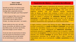 Amor e medo
(Casimiro de Abreu)
Quando eu te fujo e me desvio cauto
Da luz de fogo que te cerca, oh! Bela,
Contigo dizes, suspirando amores:
" - Meu Deus! Que gelo, que frieza aquela!"
Como te enganas! Meu amor é chama
Que se alimenta no voraz segredo,
E se te fujo é que te adoro louco...
És bela - eu moço; tens amor - eu medo!...
Tenho medo de mim, de ti, de tudo,
Da luz, da sombra, do silêncio ou vozes,
Das folhas secas, do chorar das fontes,
Das horas longas a correr velozes.
O véu da noite me atormenta em dores
A luz da aurora me intumesce os seios.
E ao vento fresco do cair das tardes
Eu me estremeço de cruéis receios.
(...)
Casimiro de Abreu – o poeta da infância
A seguir, teremos o poema mais famoso do autor: “Meus 8 anos” cuja
principal característica é a evasão na infância é idealizada. Sua estrutura
consiste em redondilhas maiores e as rimas misturadas que dão forte
musicalidade ao poema. Impregnado de subjetivismo exacerbado, o
sentimento presente é a saudade da infância, que no poema é utilizada
como forma de escapismo. O eu lírico procura fugir do momento presente
expondo uma saudade nostálgica da pureza desse período. Há ainda
características marcantes da 1ª geração como o culto à natureza e
religiosidade, todas elas se contrapondo à solidão e pessimismo da vida
adulta.
Em “Amor e Medo” vemos a importância de preservar a pessoa amada,
pois num século envenenado de preconceitos, a virgindade é a própria
virtude feminina, daí a idealização da mulher, vista como um ser
angelical, perfeito, mas que desperta desejos impossíveis.
Ceder ao desejo, ao prazer, seria condenar a mulher a uma vida de
vergonha e sofrimento. Para o homem romântico isso era inadmissível. Há
ainda no poema a presença de sofrimento amoroso, toques de
noturnismo e um sensualismo mais contido do que o da 3ª geração.
Considerado o poeta mais lírico da 2ª geração, Casimiro consegue
combinar características das 3 gerações em muitos de seus textos.
 