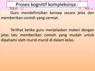 Proses kognitif kompleksnya :
Guru mendefinisikan konsep secara jelas dan
memberikan contoh yang cermat.
Terlihat ketika guru menjelaskan materi dengan
jelas lalu memberikan contoh yang mudah untuk
dipahami oleh murid-murid di dalam kelas.
 