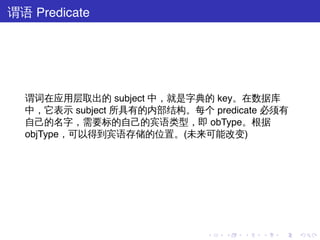 谓语 Predicate




  谓词在应用层取出的 subject 中，就是字典的 key。在数据库
  中，它表示 subject 所具有的内部结构。每个 predicate 必须有
  自己的名字，需要标的自己的宾语类型，即 obType。根据
  objType，可以得到宾语存储的位置。(未来可能改变)




                            .   .   .   .   .   .
 