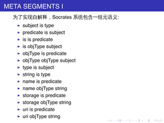META SEGMENTS I
  为了实现自解释，Socrates 系统包含一组元语义:
   ▶   subject is type
   ▶   predicate is subject
   ▶   is is predicate
   ▶   is objType subject
   ▶   objType is predicate
   ▶   objType objType subject
   ▶   type is subject
   ▶   string is type
   ▶   name is predicate
   ▶   name objType string
   ▶   storage is predicate
   ▶   storage objType string
   ▶   uri is predicate
   ▶   uri objType string
                                 .   .   .   .   .   .
 