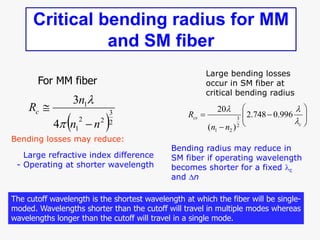 Critical bending radius for MM
and SM fiber
Bending losses may reduce:
- Large refractive index difference
- Operating at ...