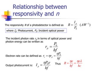 Relationship between
responsivity and n
hf
P
r
r p
e
0

 

)
( 1
0

 AW
P
I
R
p
hf
P
rp
0

where Ip: Photocurrent, P0: Incident optical power
The incident photon rate rp in terms of optical power and
photon energy can be written as
The responsivity R of a photodetector is defined as
Electron rate can be defined as
Output photocurrent is:
hf
e
P
Ip
0

 Thus
hc
e
hf
e
R





 