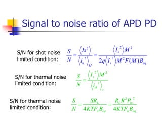 S/N for shot noise
limited condition:
eq
s
s
Q
n B
M
F
M
I
q
M
I
i
Is
N
S
)
(
2 2
2
2
2
2
2


S/N for thermal noise
limited condition:
c
th
s
i
M
I
N
S
2
2
2

Signal to noise ratio of APD PD
eq
n
in
L
eq
n
L
B
KTF
P
R
R
B
KTF
SR
N
S
4
4
2
2


S/N for thermal noise
limited condition:
 