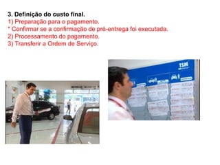 3. Definição do custo final.
1) Preparação para o pagamento.
* Confirmar se a confirmação de pré-entrega foi executada.
2) Processamento do pagamento.
3) Transferir a Ordem de Serviço.
 