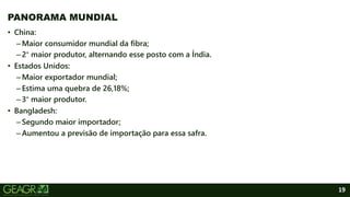 19
PANORAMA MUNDIAL
• China:
–Maior consumidor mundial da fibra;
–2° maior produtor, alternando esse posto com a Índia.
• Estados Unidos:
–Maior exportador mundial;
–Estima uma quebra de 26,18%;
–3° maior produtor.
• Bangladesh:
–Segundo maior importador;
–Aumentou a previsão de importação para essa safra.
 