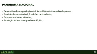 28
• Expectativa de um produção de 2,44 milhões de toneladas de pluma;
• Previsão de exportação 2,3 milhões de toneladas;
• Estoques nacionais elevados;
• Produção estima uma queda em 16,5%.
PANORAMA NACIONAL
 
