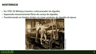 5
HISTÓRICO
• Em 1792, Eli Whitney inventou o descaroçador de algodão;
• Separando mecanicamente fibras do caroço de algodão;
• Transformando os Estados Unidos no maior produtor de algodão da época.
Fonte:
CAPES,
2021.
 