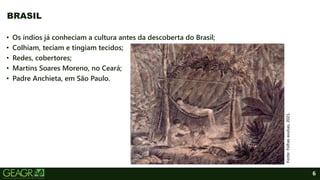 6
BRASIL
• Os índios já conheciam a cultura antes da descoberta do Brasil;
• Colhiam, teciam e tingiam tecidos;
• Redes, cobertores;
• Martins Soares Moreno, no Ceará;
• Padre Anchieta, em São Paulo.
Fonte:
Folhas
avulsas,
2021.
 