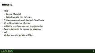 8
BRASIL
• 1918:
–Guerra Mundial;
–Grande geada nos cafezais.
• Produção recorde no Estado de São Paulo;
• 50 mil toneladas de plumas;
• Indústria têxtil começa um engajamento;
• Aproveitamento do caroço de algodão;
• IAC;
• Melhoramento genético (1924).
 