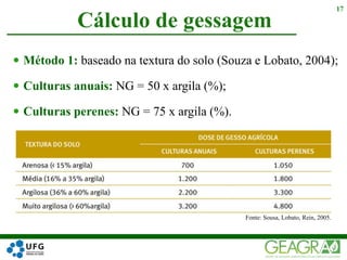  Método 1: baseado na textura do solo (Souza e Lobato, 2004);
 Culturas anuais: NG = 50 x argila (%);
 Culturas perenes: NG = 75 x argila (%).
Cálculo de gessagem
17
Fonte: Sousa, Lobato, Rein, 2005.
 