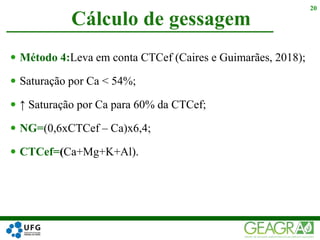  Método 4:Leva em conta CTCef (Caires e Guimarães, 2018);
 Saturação por Ca < 54%;
 ↑ Saturação por Ca para 60% da CTCef;
 NG=(0,6xCTCef – Ca)x6,4;
 CTCef=(Ca+Mg+K+Al).
Cálculo de gessagem
20
 