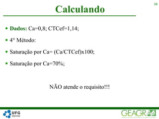  Dados: Ca=0,8; CTCef=1,14;
 4° Método:
 Saturação por Ca= (Ca/CTCef)x100;
 Saturação por Ca=70%;
NÃO atende o requisito!!!
Calculando
24
 