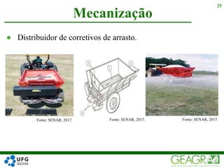 Mecanização
25
Fonte: SENAR, 2017. Fonte: SENAR, 2017. Fonte: SENAR, 2017.
● Distribuidor de corretivos de arrasto.
 