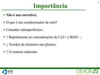  Não é um corretivo;
 O que é um condicionador de solo?
 Camadas subsuperficiais;
 ↑ Rapidamente às concentrações de Ca2+ e SO42– ;
 ↓ Toxidez de alumínio nas plantas;
 ↑ O sistema radicular.
Importância
5
 