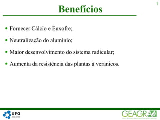  Fornecer Cálcio e Enxofre;
 Neutralização do alumínio;
 Maior desenvolvimento do sistema radicular;
 Aumenta da resistência das plantas à veranicos.
Benefícios
7
 