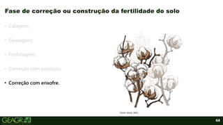 44
• Calagem;
• Gessagem;
• Fosfatagem;
• Correção com potássio;
• Correção com enxofre.
Fase de correção ou construção da fertilidade do solo
Fonte: iStock, 2021.
 