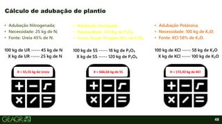 48
• Adubação Nitrogenada;
• Necessidade: 25 kg de N;
• Fonte: Ureia 45% de N.
100 kg de UR ----- 45 kg de N
X kg de UR ----- 25 kg de N
Cálculo de adubação de plantio
• Adubação Fosfatada;
• Necessidade: 120 kg de P₂O₅;
• Fonte: Super Simples 18% de P₂O₅.
100 kg de SS ----- 18 kg de P₂O₅
X kg de SS ----- 120 kg de P₂O₅
• Adubação Potássica;
• Necessidade: 100 kg de K₂O;
• Fonte: KCl 58% de K₂O.
100 kg de KCl ----- 58 kg de K₂O
X kg de KCl ----- 100 kg de K₂O
X = 55,55 kg de Ureia X = 666,66 kg de SS X = 172,42 kg de KCl
 