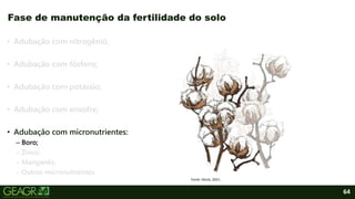 64
• Adubação com nitrogênio;
• Adubação com fósforo;
• Adubação com potássio;
• Adubação com enxofre;
• Adubação com micronutrientes:
– Boro;
– Zinco;
– Manganês;
– Outros micronutrientes.
Fase de manutenção da fertilidade do solo
Fonte: iStock, 2021.
 