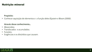 3
Propósito:
• Conhecer aquisição de elementos e a função deles (Epstein e Bloom,2006);
Através desse conhecimento…
• Absorvidos;
• Translocados e acumulados;
• Funções;
• Exigências e os distúrbios que causam.
Nutrição mineral
 