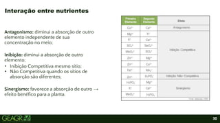 30
Antagonismo: diminui a absorção de outro
elemento independente de sua
concentração no meio;
Inibição: diminui a absorção de outro
elemento;
• Inibição Competitiva mesmo sítio;
• Não Competitiva quando os sítios de
absorção são diferentes;
Sinergismo: favorece a absorção de outro →
efeito benéfico para a planta.
Interação entre nutrientes
 