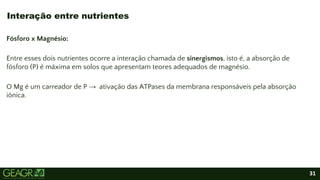 31
Fósforo x Magnésio:
Entre esses dois nutrientes ocorre a interação chamada de sinergismos, isto é, a absorção de
fósforo (P) é máxima em solos que apresentam teores adequados de magnésio.
O Mg é um carreador de P → ativação das ATPases da membrana responsáveis pela absorção
iônica.
Interação entre nutrientes
 
