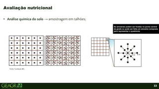 33
• Análise química do solo → amostragem em talhões;
Avaliação nutricional
Fonte: Fundação MS, .
As amostras podem ser tiradas no ponto central
da grade ou pode ser feita um amostra composta
para representar o quadrante
 