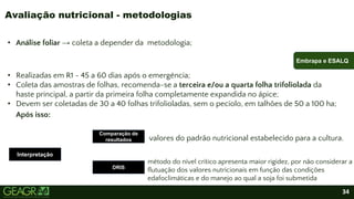 34
• Análise foliar → coleta a depender da metodologia;
• Realizadas em R1 - 45 a 60 dias após o emergência;
• Coleta das amostras de folhas, recomenda-se a terceira e/ou a quarta folha trifoliolada da
haste principal, a partir da primeira folha completamente expandida no ápice;
• Devem ser coletadas de 30 a 40 folhas trifolioladas, sem o pecíolo, em talhões de 50 a 100 ha;
Após isso:
Avaliação nutricional - metodologias
Embrapa e ESALQ
Interpretação
Comparação de
resultados valores do padrão nutricional estabelecido para a cultura.
DRIS
método do nível crítico apresenta maior rigidez, por não considerar a
flutuação dos valores nutricionais em função das condições
edafoclimáticas e do manejo ao qual a soja foi submetida
 