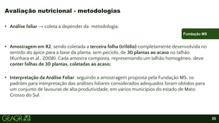 35
• Análise foliar → coleta a depender da metodologia;
• Amostragem em R2, sendo coletada a terceira folha (trifólio) completamente desenvolvida no
sentido do ápice para a base da planta, sem pecíolo, de 30 plantas ao acaso no talhão
(Kurihara et al., 2008). Cada amostra composta, representando um talhão homogêneo, deve
conter folhas de 30 plantas, coletadas ao acaso;
• Interpretação da Análise Foliar: seguindo a amostragem proposta pela Fundação MS, os
padrões para interpretação das análises foliares considerados adequados foram obtidos para
um conjunto de lavouras de alta produtividade, em vários municípios do estado de Mato
Grosso do Sul.
Avaliação nutricional - metodologias
Fundação MS
 
