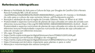38
• Manejo e Fertilidade do Solo para a Cultura da Soja, por Douglas de Castilho Gitti e Renato
Roscoe.Fundação MS. Link de acesso
<5ae094693ac7eb62b18892214e39e87c4db50d63f6523_capitulo-01-manejo-e-fertilidade-
do-solo-para-a-cultura-da-soja-somente-leitura-.pdf (fundacaoms.org.br)>;
• Nutrição e adubação da soja na região do Cerrado. Editores: Flores, A. Rilner et al; 2019.
• Produtividade e aspectos nutricionais de plantas de soja cultivadas em solos de cerrado com
diferentes texturas<https://doi.org/10.1590/S0100-06832008000500023><SciELO - Brasil -
Produtividade e aspectos nutricionais de plantas de soja cultivadas em solos de cerrado com
diferentes texturas Produtividade e aspectos nutricionais de plantas de soja cultivadas em
solos de cerrado com diferentes texturas>
• VA_capa-15 (usp.br)
• https://ainfo.cnptia.embrapa.br/digital/bitstream/item/175460/1/2017LV04.pdf
• https://maissoja.com.br/fixacao-biologica-do-nitrogenio/
• https://ainfo.cnptia.embrapa.br/digital/bitstream/CNPSO/18515/1/circTec35.pdf
• https://maissoja.com.br/calcio-importante-para-plantas-e-para-o-solo/
• Absorção e movimentação dos solutos (unesp.br)
Referências bibliográficas:
 