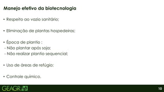 10
• Respeito ao vazio sanitário;
• Eliminação de plantas hospedeiras;
• Época de plantio :
- Não plantar após soja;
- Não realizar plantio sequencial;
• Uso de áreas de refúgio;
• Controle químico.
Manejo efetivo da biotecnologia
 