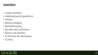 2
• Vazio sanitário;
• Melhoramento genético;
• OGMs;
• Biotecnologias;
• Biofortificação;
• Escolha de cultivares;
• Época de plantio;
• Cultivares de destaque;
• Custos.
SUMÁRIO
 