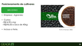 26
Posicionamento de cultivares
Fonte: Emprapa, 2022.
• Empresa : Agranda;
• Custos:
- R$14,90 o kg;
- R$596,00 o saco de 40kg;
• Incluso o frete.
BRS ESTEIO
 