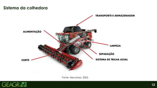 12
Sistema da colhedora
Fonte: Mecaniza, 2022.
CORTE
ALIMENTAÇÃO
SISTEMA DE TRILHA AXIAL
SEPARAÇÃO
LIMPEZA
TRANSPORTE E ARMAZENAGEM
 