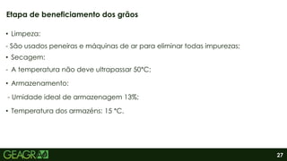 27
• Limpeza:
- São usados peneiras e máquinas de ar para eliminar todas impurezas;
• Secagem:
- A temperatura não deve ultrapassar 50°C;
• Armazenamento:
- Umidade ideal de armazenagem 13%;
• Temperatura dos armazéns: 15 °C.
Etapa de beneficiamento dos grãos
 