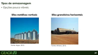 29
• Opções pouco viáveis:
Tipos de armazenagem
Fonte: Argus, 2013. Fonte: Afnews, 2013.
Silos metálicos verticais Silos graneleiros horizontais
 
