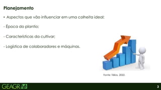 3
• Aspectos que vão influenciar em uma colheita ideal:
- Época do plantio;
- Características da cultivar;
- Logística de colaboradores e máquinas.
Planejamento
Fonte: Télios, 2022.
 